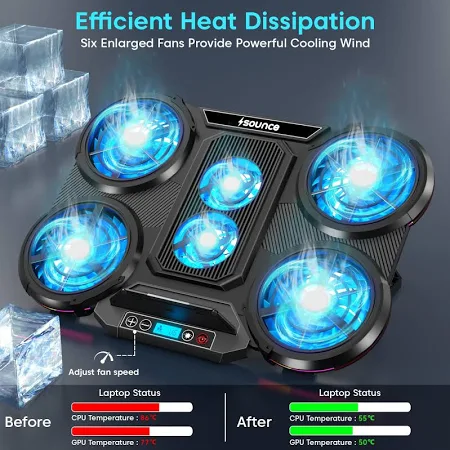 sounce rgb laptop cooling pad with 6 high speed silent fans, dual usb ports, lcd display, 10 rgb light modes