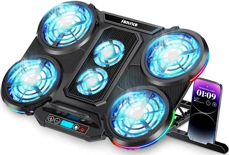 sounce rgb laptop cooling pad with 6 high speed silent fans, dual usb ports, lcd display, 10 rgb light modes