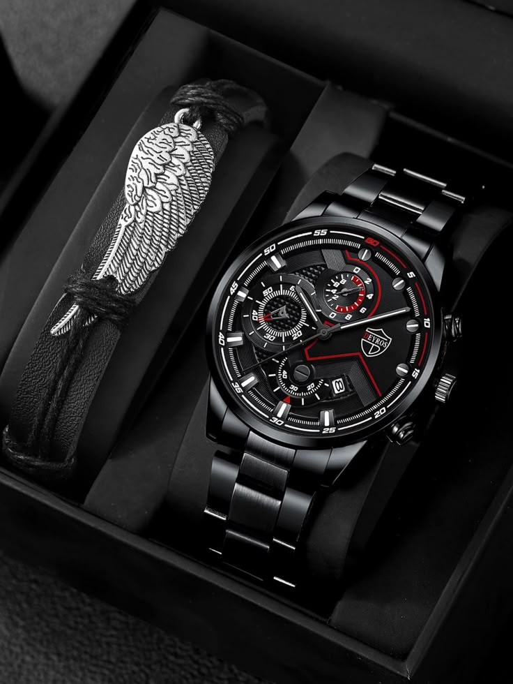 1 peça homens redondo relógio de quartzo & 1 peça decoração de penas bracelete